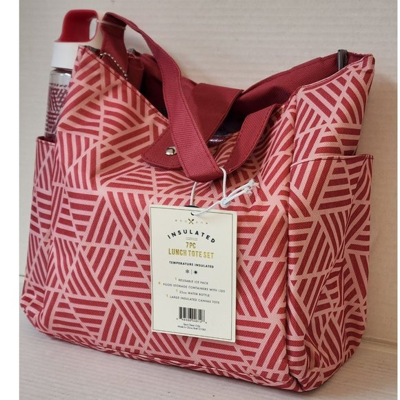 Eco One Insulated 7 pc Canvas Lunch Tote Bag Red Multi Geometric Pattern - Picture 1 of 9